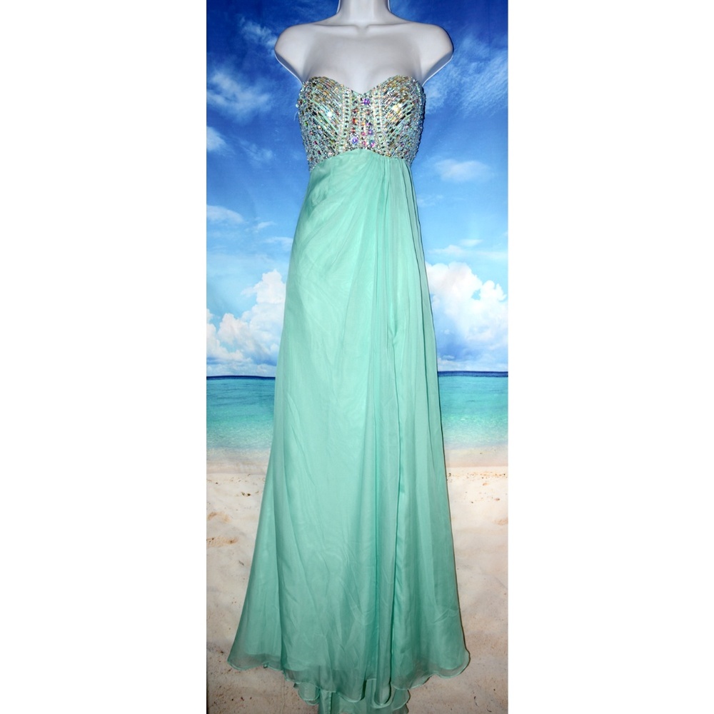 New AQUA Draped CHIFFON Rhinestone PROM DRESS Sz 6